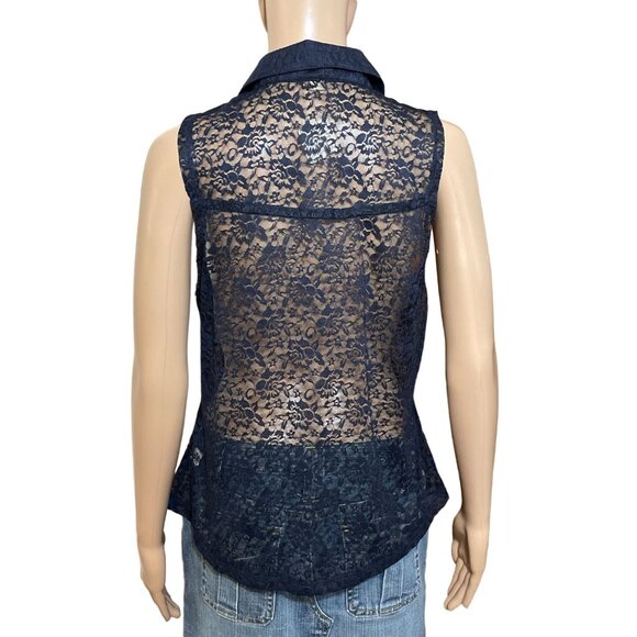 NWT Zenana Outfitters Navy Blue Lace Button Down Shirt Size Large - Picture 3 of 3